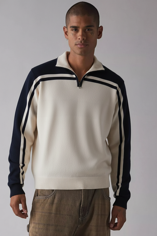Suéter de Punto con Cremallera y Rayas Laterales - Estilo Retro Deportivo para Hombre