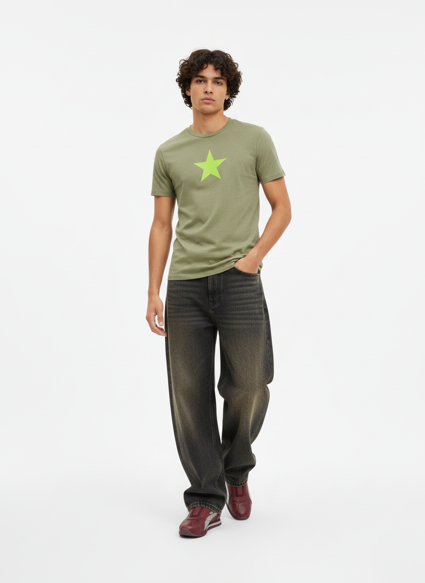 Olive Star Graphic Tee — Minimalist Retro Star T‑Shirt