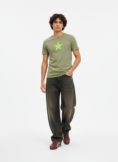 Olive Star Graphic Tee — Minimalist Retro Star T‑Shirt